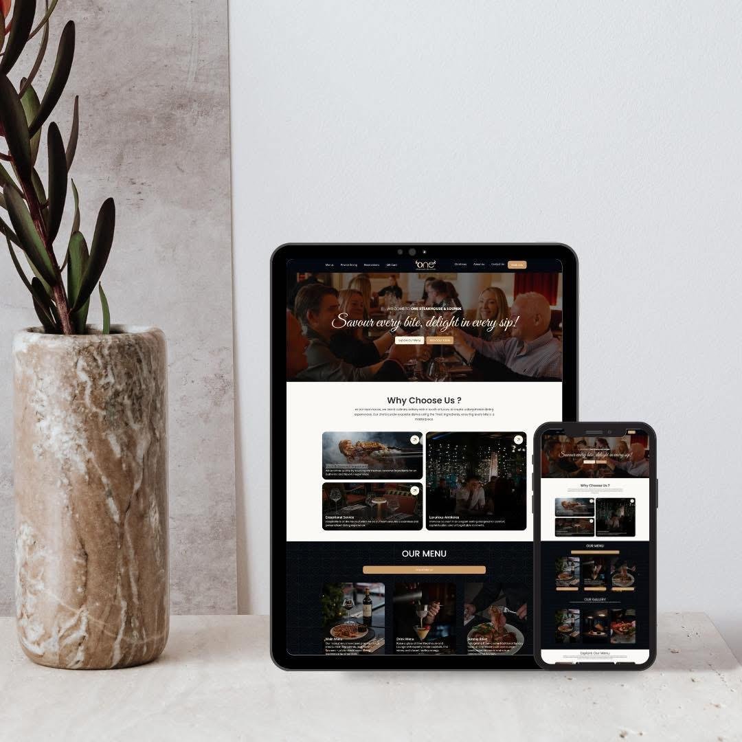 Steakhouse and lounge website shown on a tablet and a phone