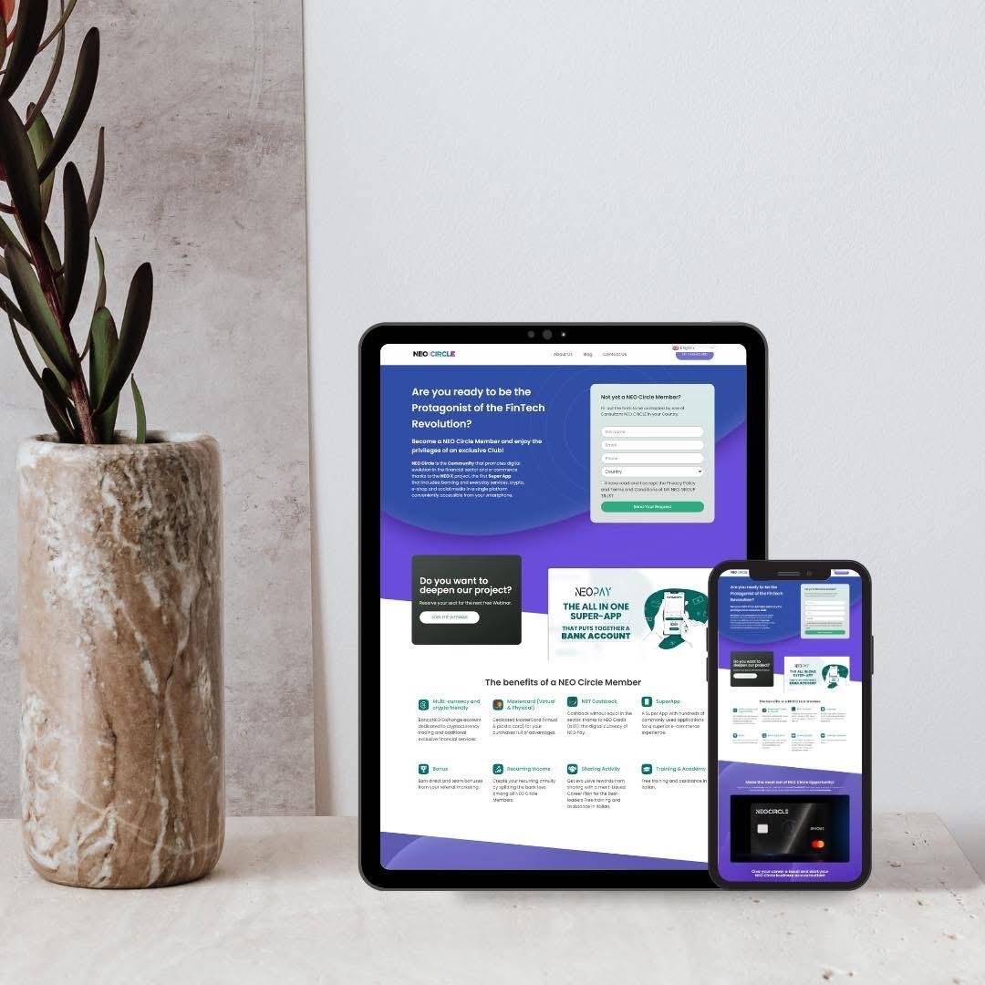 Fintech membership site shown on a tablet and a phone
