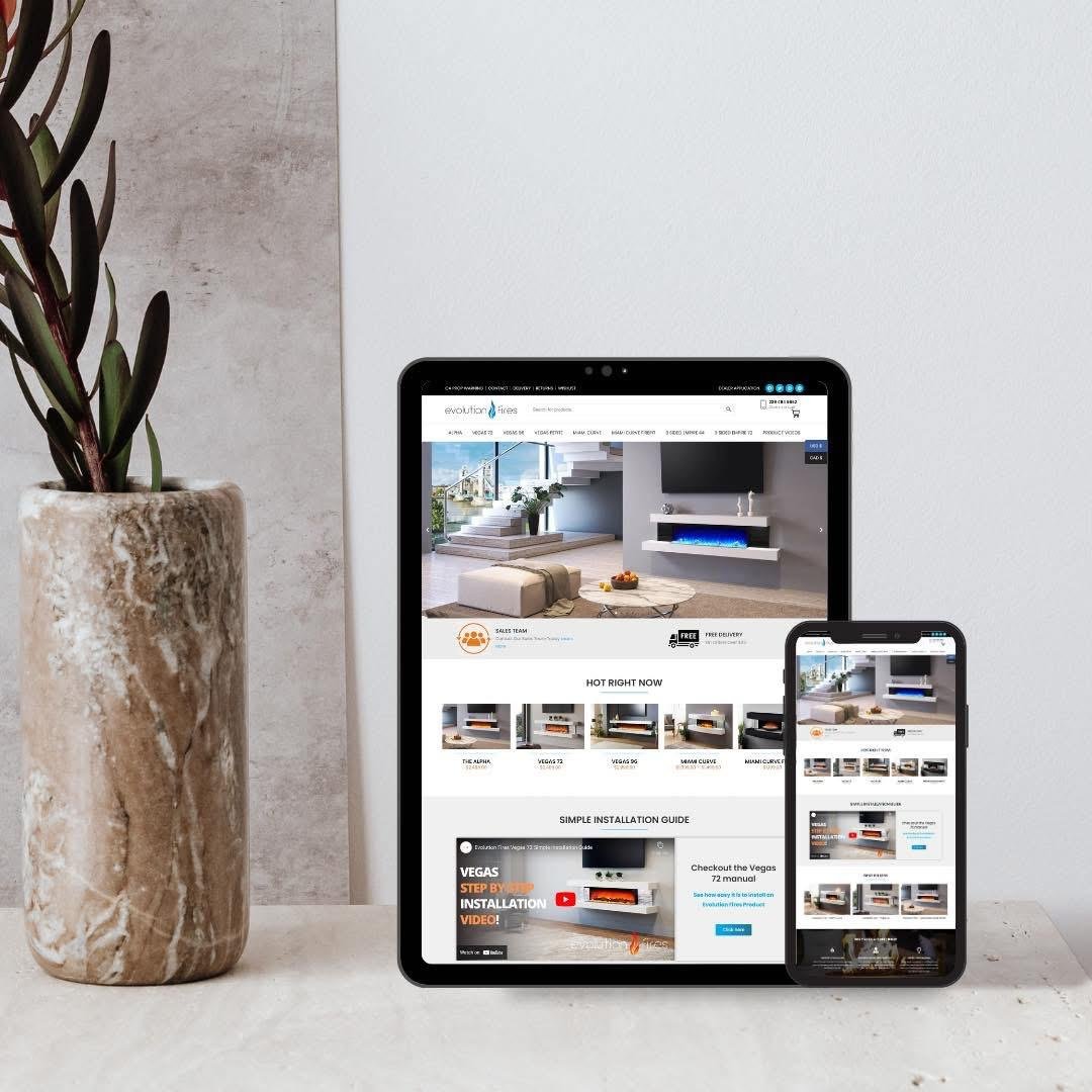 Electric fireplace shop website shown on a tablet and a phone