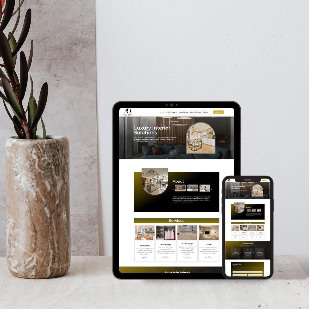 Interior design studio website shown on a tablet and a phone